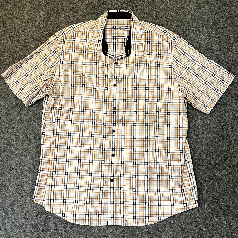 Tasso Elba Mens Shirt XX Large Geometric Pattern Orange Blue Short Sleeve Button